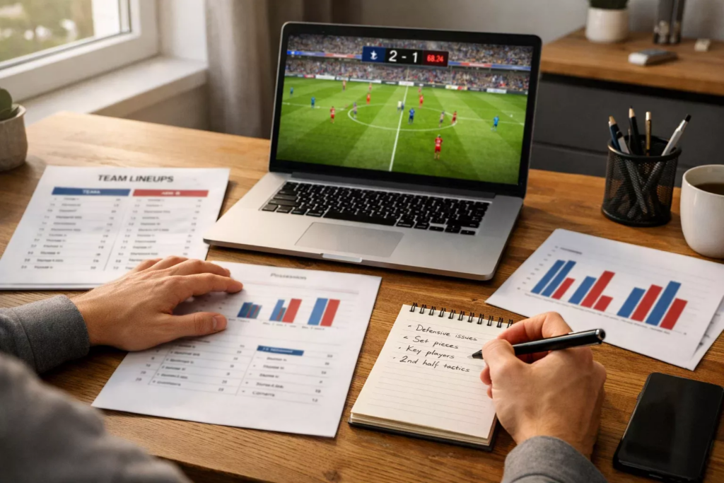 Persona che analizza statistiche di partite di calcio su laptop e documenti
