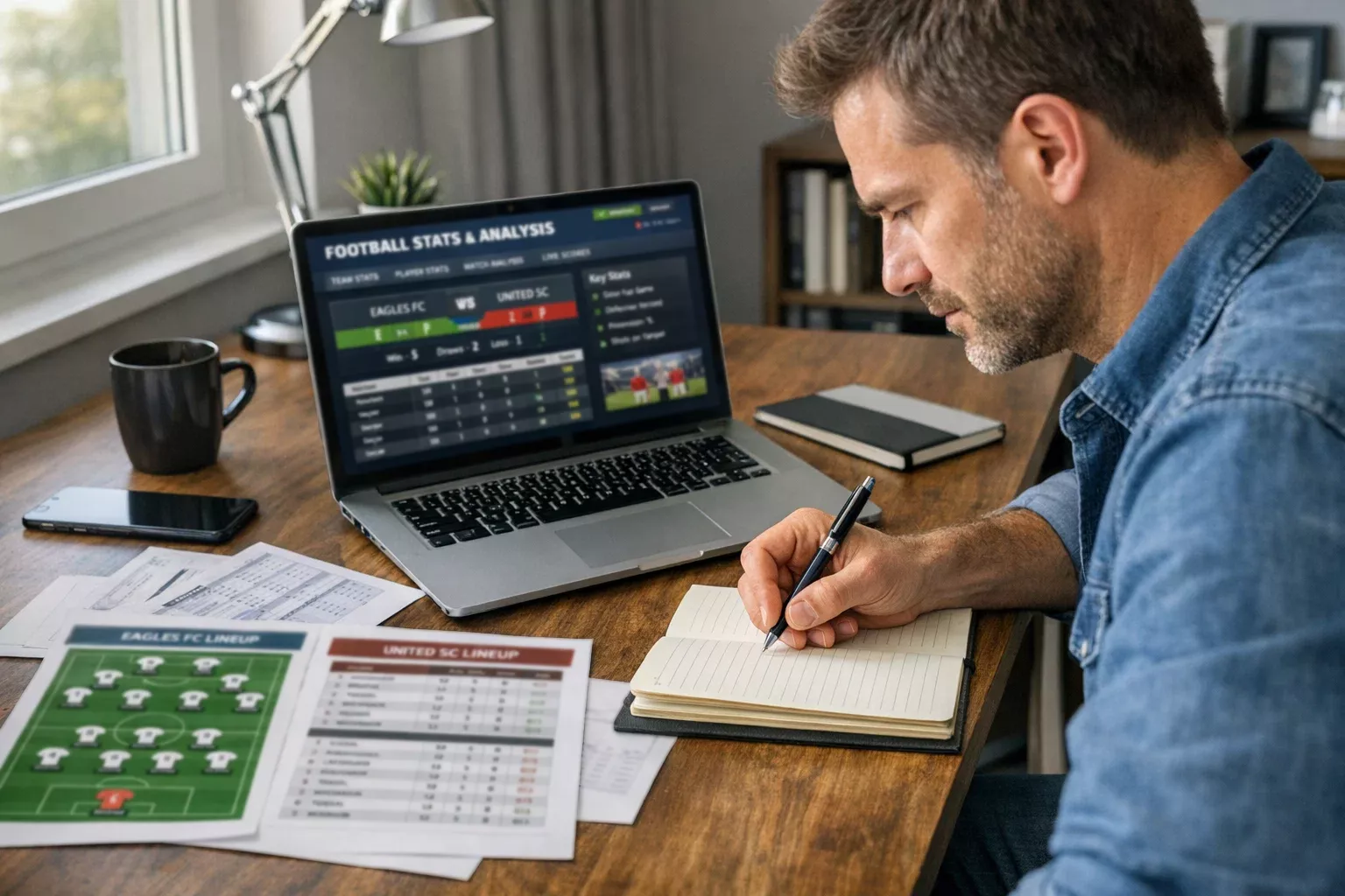 Persona che studia le statistiche delle squadre di calcio prima di scommettere