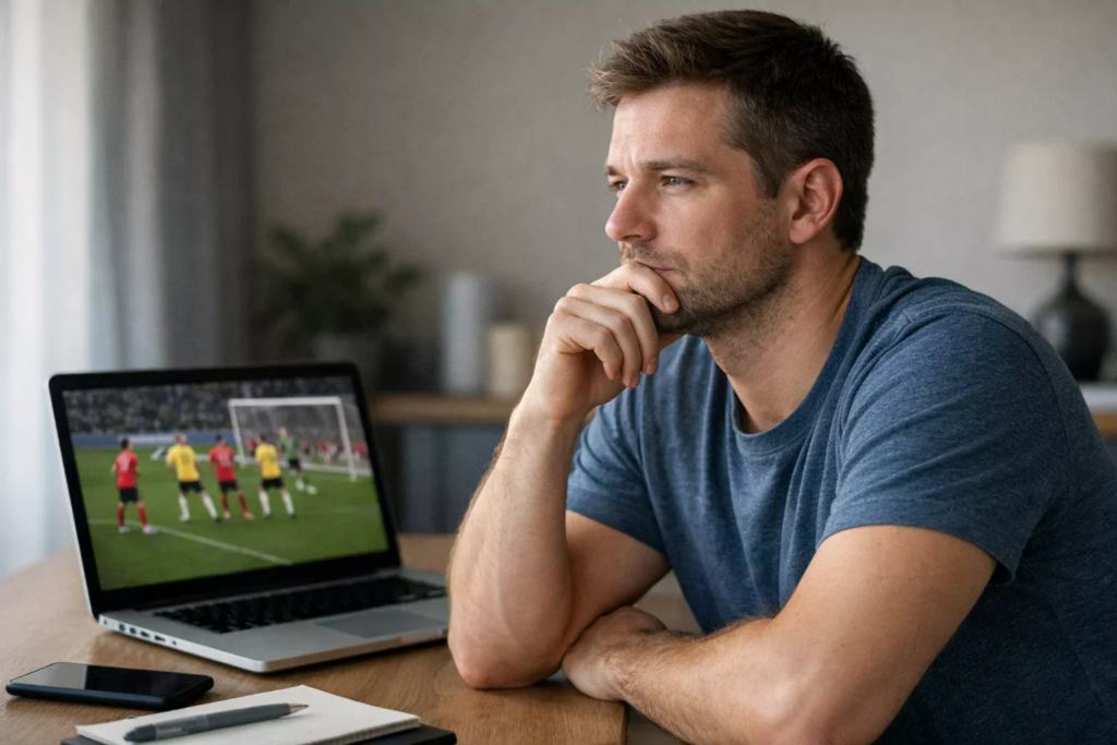 Giovane pensieroso davanti a schermo con partita di calcio in pausa