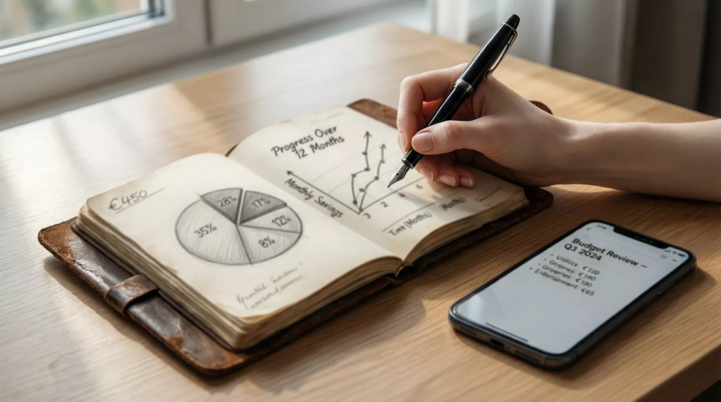 Persona che pianifica budget su quaderno con simboli euro e grafici semplici