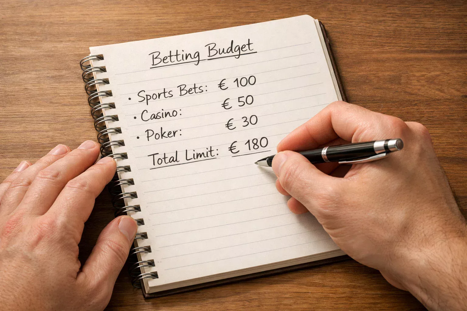Persona che pianifica il budget per le scommesse con blocco note