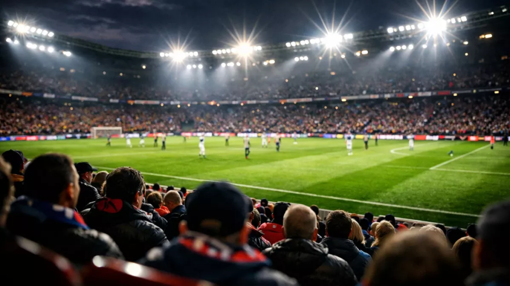 Stadio di calcio illuminato durante una partita serale con tifosi sugli spalti