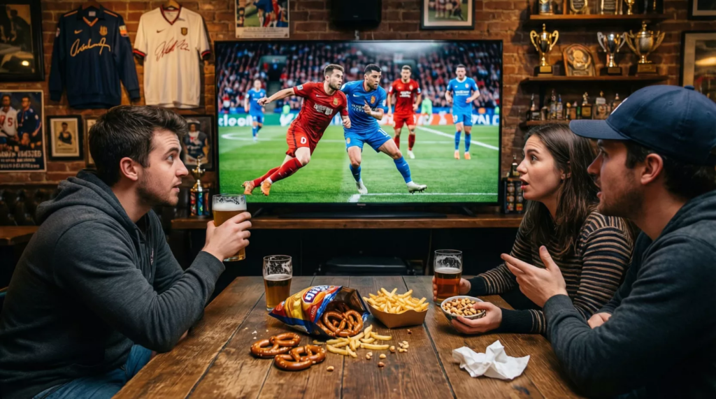 Tifosi che seguono partita di calcio su grande schermo in un locale